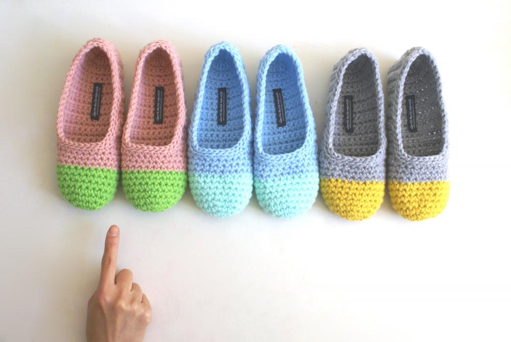 Crochet Slippers for Women in Apple Green and Pink