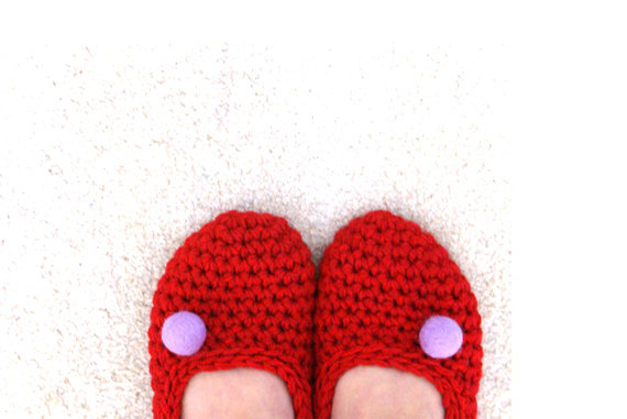 Red Crochet Slippers with Lavender Felt PomPom