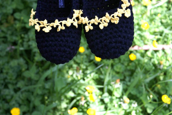 Crochet Slippers with Floral Crochet Lace Border, Women's House Shoes, Black Yellow