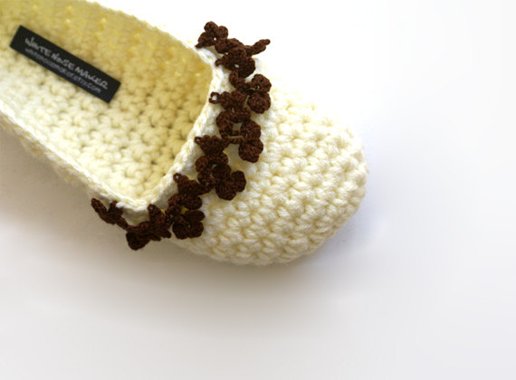 Crochet Slippers with Floral Crochet Lace Border, Women's House Shoes, Off White Brown