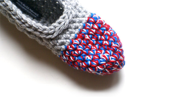 Crocheted Slippers in Grey & Red Blue White