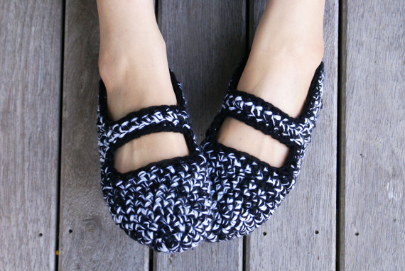 Crochet Mary Jane Slippers in Black and White, Women, House Shoes