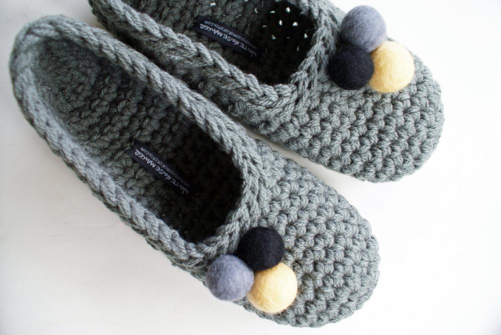 Grey Crochet Slippers With Felt Balls for Women